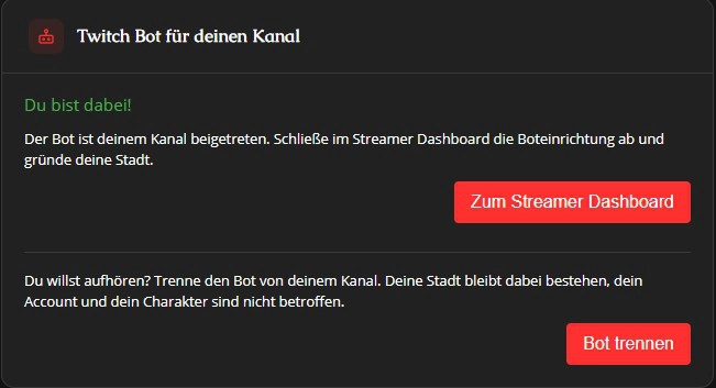 Erfolgreiche Bot-Einrichtung in den Einstellungen